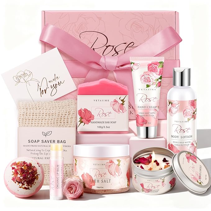 Gifts for Women, Birthday Gifts for Women, Bath and Body Gift Basket Mothers Day Gifts, Rose Home Spa Set Self Care Gift, Thank You for Mom Sister Her Teacher Friends Friendship