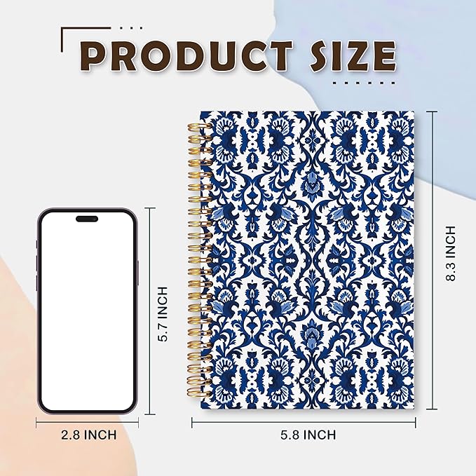 VIIJJUE Blue and White Porcelain Notebook Journal, Blue Notebooks for Note Taking, Hardcover Spiral Journal 5.5x8.3 Inch