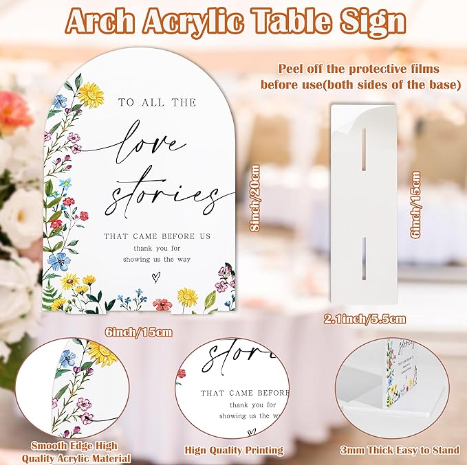 Acrylic Wedding Signs To All The Love Stories That Came Before Us, 6x8" Floral Themed Arch Acrylic Dessert Table Decor, Love Is In Bloom & Baby In Bloom Decorations for Baby Shower Bridal Shower