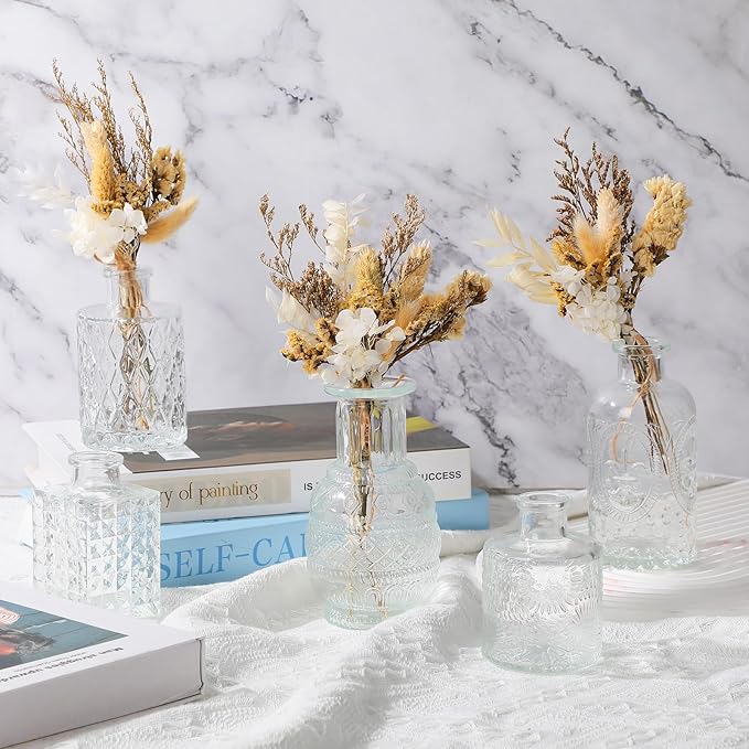 Yerliker 24pcs Glass Bud Vase Set with 24pcs Dried Flower Bouquet, Small Glass Vase Clear Bud Vases in Bulk and Boho Dried Flower Bouquet for Centerpieces Rustic Wedding Decor Home DIY Craft