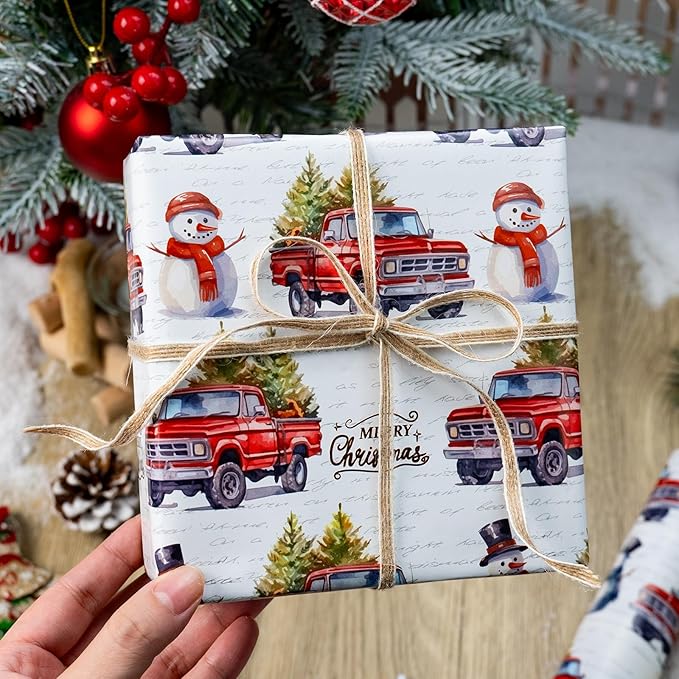 MAYPLUSS Christmas Wrapping Paper Roll - 17 In x 33 Feet - Cute Watercolor Christmas Tree Truck Snowman Gift Wrap Paper for New Year, Holiday, Kids