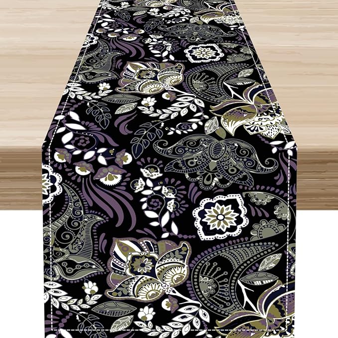 Retro Paisley Table Runner, Rustic Traditional Farmhouse Boho Floral Print Linen Coffee Table Center Decor for Family Kitchen Farmhouse Holiday Party Table Decorations Indoor Outdoor 13x108 inch