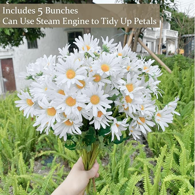 5 Bunches 16 inch - Realistic White Artificial Silk Daisy, Faux Wildflowers Bouquets with Stems for DIY Flower Arrangement Home Garden Wedding Decoration