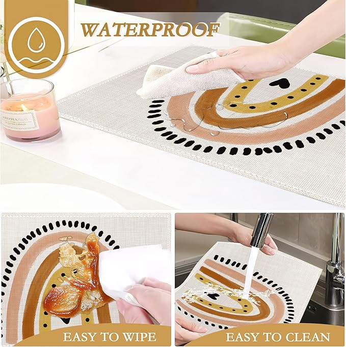 Cute Boho Rainbow Placemats Set of 6, 12x18 Inch Waterproof Stain Resistant Linen Table Placemats Summer Seasonal Farmhouse Kitchen Party Decor Home Decor
