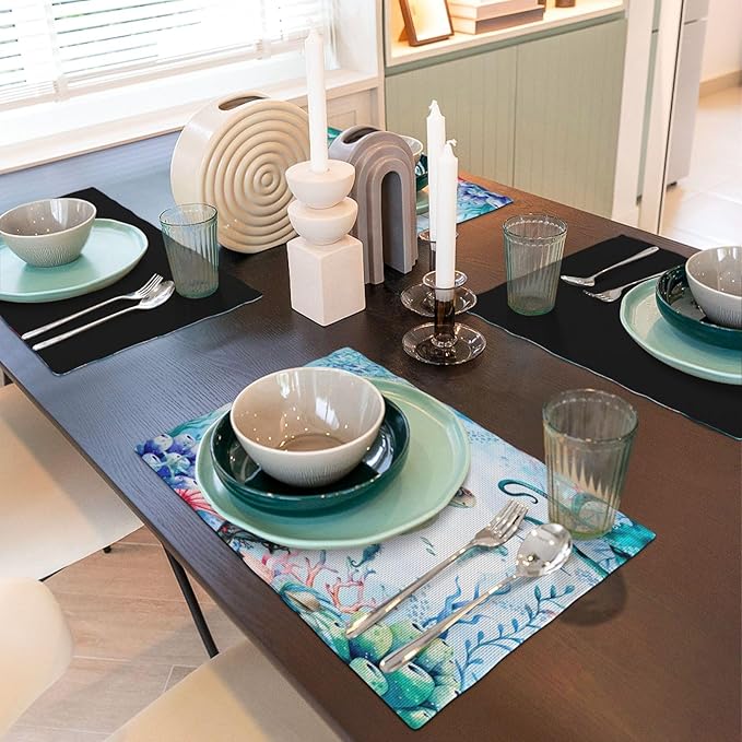 Turtle Ocean Placemats, Cartoon Blue Watercolour Ocean Coral Shell Seahorse Octopus Starfish Animal Print Washable Fabric Placemats Table Kitchen Dining Party 12x18 Inch Set of 6