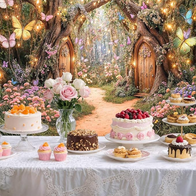 12X10ft Enchanted Forest Backdrop Fairy Tale Magic Garden Wonderland Floral Butterfly Photography Background for Kids Girls Baby Shower Birthday Party Decoration Cake Table Photo Booth Props