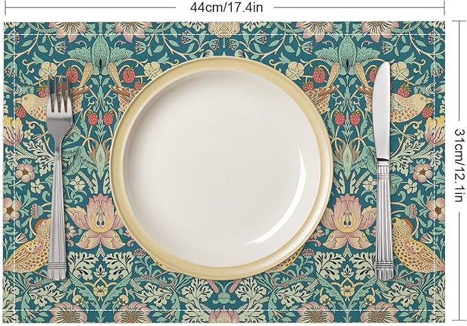 William Morris Floral Placemats Strawberry Thief Blue Art Printed Dining Table Mats Set of 4 for Home Kitchen Holiday Picnic Party Decoration 12x18in