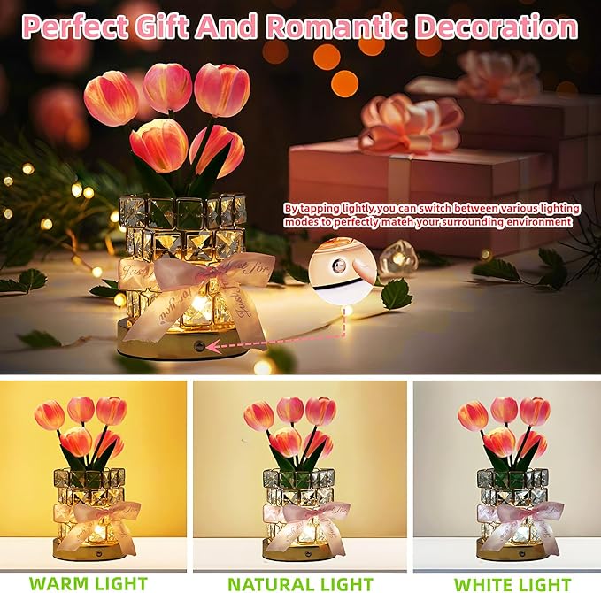 Tulips Flower Lamp,Rechargeable Cordless Touch Table Lamp for Bedroom,3-Colour Dimming Small Night Light,Crystal Bedside Lamps with USB Charge,Birthday Christmas Gifts for Women,Mom (Tulips Flower)