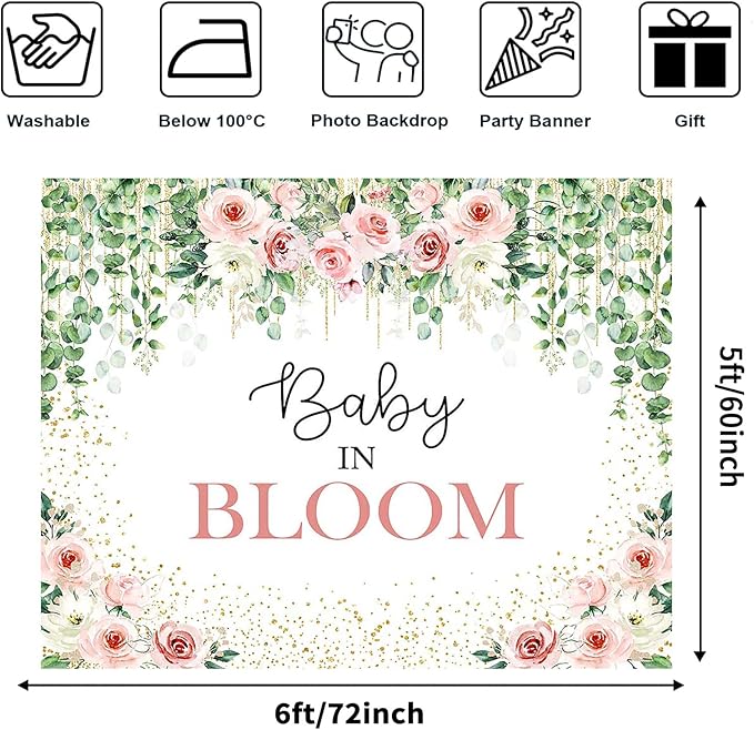 Avezano Baby in Bloom Backdrop Sage Green Leaves with Pink Flowers Baby Shower Party Decorations Baby Girl's Greenery Floral Nature Theme Photography Background Cake Table Banner (6x5ft(72x60in))