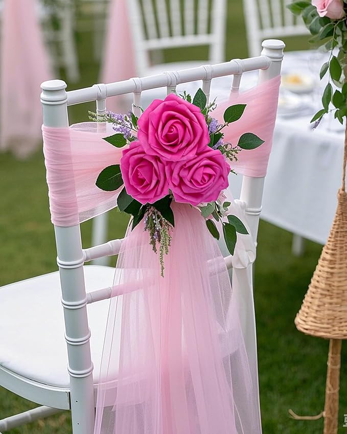 DuHouse 50Pcs Artificial Roses Flowers Fake Roses with Stems Real Touch Foam Flowers for DIY Wedding Bouquet Baby Shower Centerpiece Floral Arrangement Party Home Decor(Hot Pink)