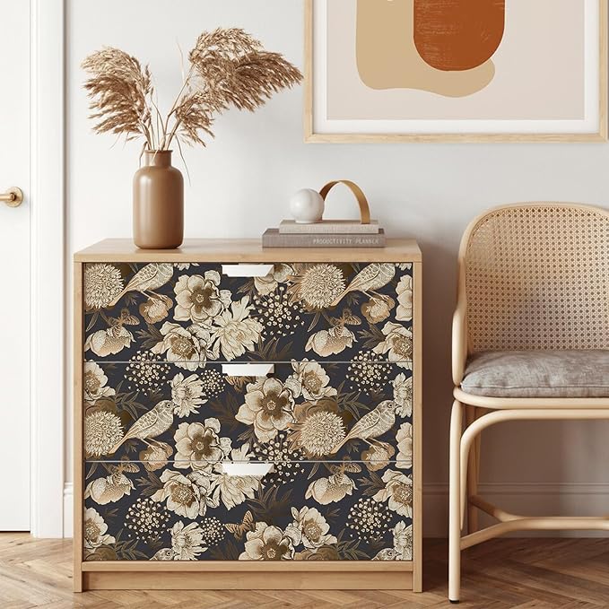 Floral & Birds Peel and Stick Wallpaper Antique Gold Dark Self Adhesive Removable Floral Wallpaper for Bedroom Renter Friendly Floral Contact Paper for Bedroom Bathroom Walls Shelf Liner 17.7"x118.1"