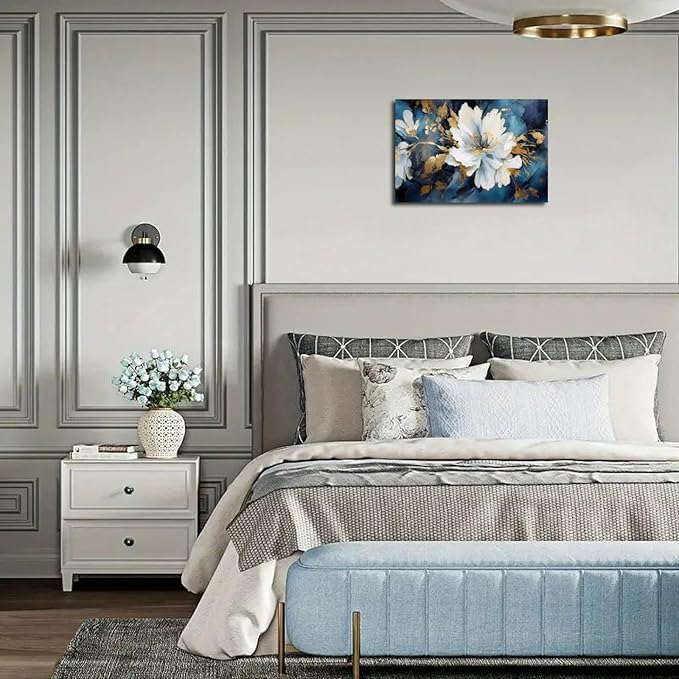 Asunygirl Flowers Wall Art Vintage Blue White Floral Canvas Pictures Abstract Botanical Modern Gold Blue Print Boho Wall Art Canvas Paintings Artwork for Bedroom Living Room Wall Decor 12x16 inch