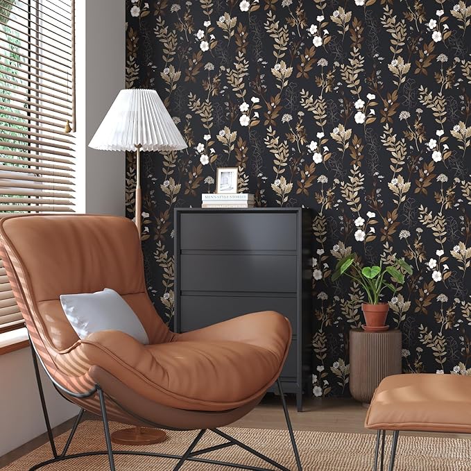 Black Floral Peel and Stick Wallpaper 17.4" x 197" Vintage Dark Gold Leaf Contact Paper Waterproof Self-Adhesive Vinyl Wall Covering for Bedroom Bathroom Countertop Cabinets, Boho Wall Decor