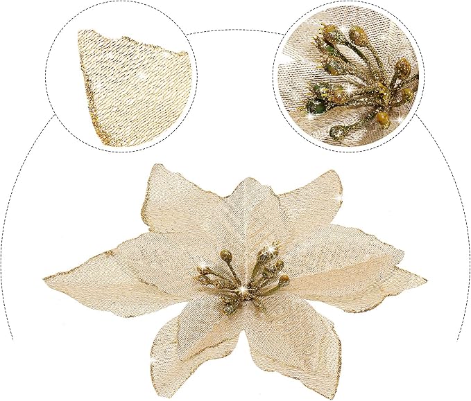 WILLBOND 24 Pcs 3 Size Poinsettia Flower Artificial Christmas Decor Glitter Poinsettia Christmas Ornaments Faux Flowers for Xmas Tree Outdoor(3.2/4/6 Inches,Gold)