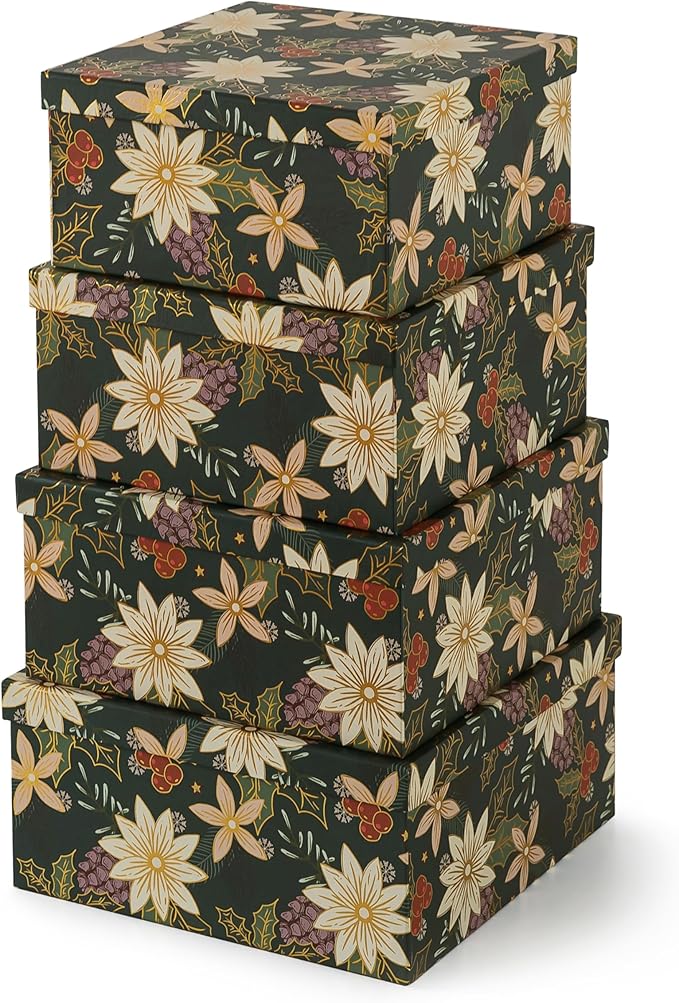 Soul & Lane Christmas Square Decorative Boxes with Lids - Set of 4 - Festive Foliage, Reusable Large Nesting Holiday Gift Boxes for Presents and Décor