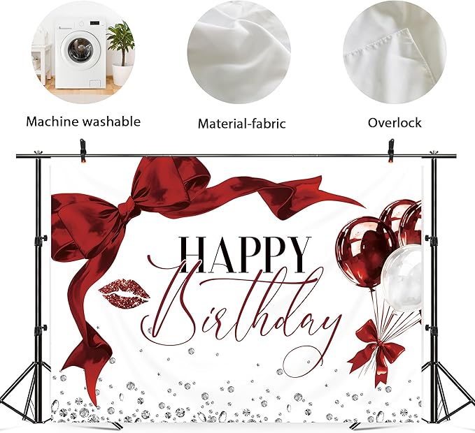 Burgundy Bow Happy Birthday Banner Backdrop 7Wx5H Photography Girls Coquette Birthday Decorations Red Balloons Background Women Bachelorette Party Decorations Banner Photo Booth Props Supplies