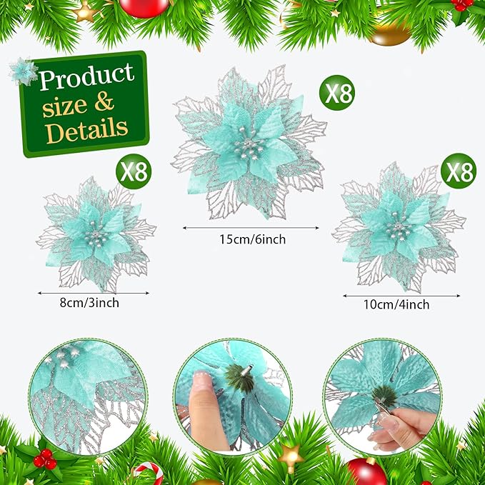 Geosar 24 Pieces Christmas Glitter Poinsettia Flowers Layered Artificial Xmas Flowers Wedding Christmas Tree New Year Ornaments 3/4/6 Inch(Light Green)