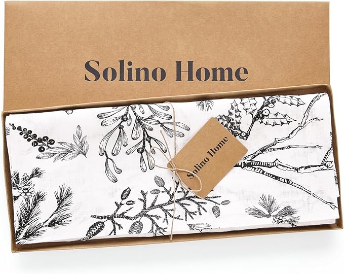 Solino Home 100% Pure Linen Christmas Table Runner 108 Inch Long - Black/White Table Runner 14 x 108 Inch - Handcrafted and Machine Washable - Winter Forest Print