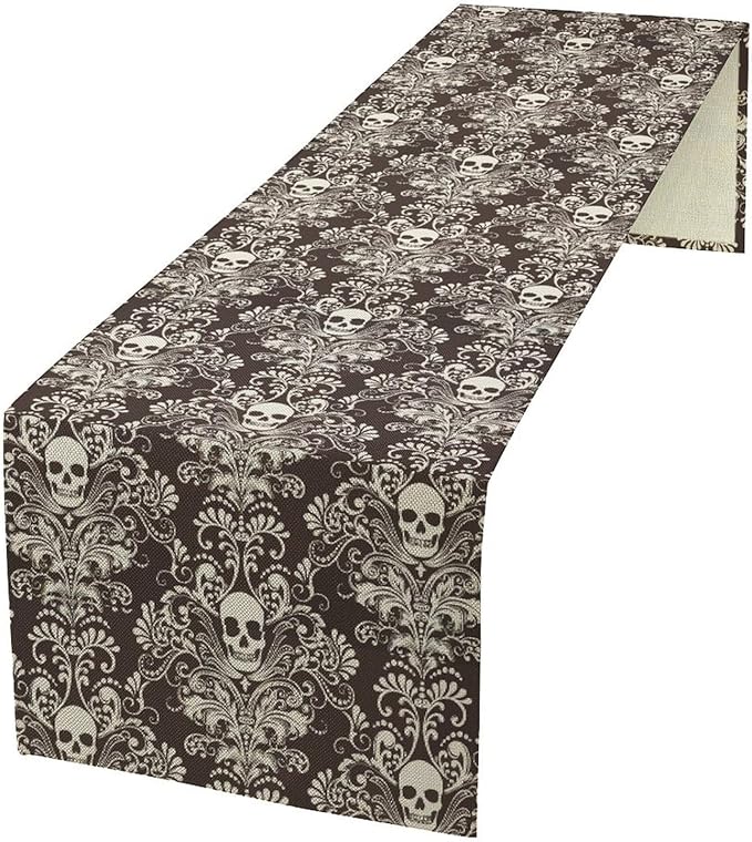 Gothic Table Runner,Damask Skull Victorian Black Floral Boho Table Runner for Home Kitchen Table Dining Garden Farmhouse Wedding Party Decor 13x108 Inch