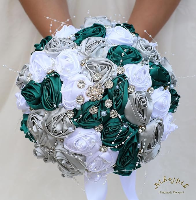 Bridal Wedding Bouquet Round Bling Brooch Bouquet Throw Toss Artificial Rose Flower Bunch for Bride Bridesmaid Wedding Quinceanera(Dark Green, Silver & White, 7.5")