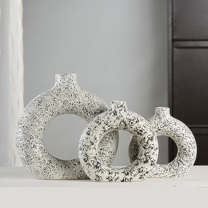 Ajuny Donut Vase Set of 3 – White & Grey Ceramic Hollow Vases for Pampas Grass, Modern Boho Home Decor, Table Centerpiece, Wedding, Living Room, Office, Bedroom (8", 6", 4")