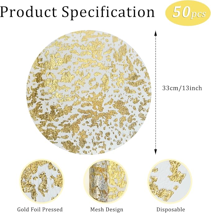Hysenm 50 Pcs Disposable Gold Placemats Set Metallic 13 Inch Round Foil Mesh Pressed Table Doilies, Ultra-Thin Disposable Placement Mats for Home Decoration Dining Table Wedding Birthday Party