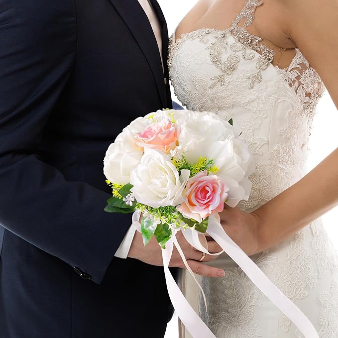 Wedding Bouquets for Bride - Realistic Silk Flowers Artificial Roses, 8 Inch Bridesmaid Bouquet for Ceremony, Church, Anniversary, and Home Decoration (White & Blush Champagne)