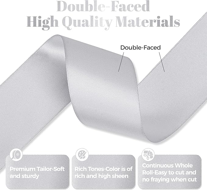 Silver Satin Ribbon, Double Faced 2 Inch X 25 Yards Silver Ribbon, Premium Satin Ribbon for Gift Wrapping, Crafts, Hair Bow Making, Sewing, Flower Bouquet, Wedding Party Decor