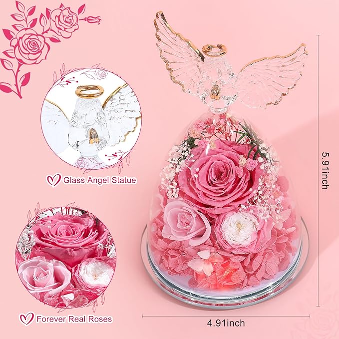 FIACO Gifts for Women Preserved Rose Forever Flower in Glass Angel Figurine Fresh Flowers for Delivery Mothers Day Birthday Gifts for Mom Grandma Wife Sister Pink
