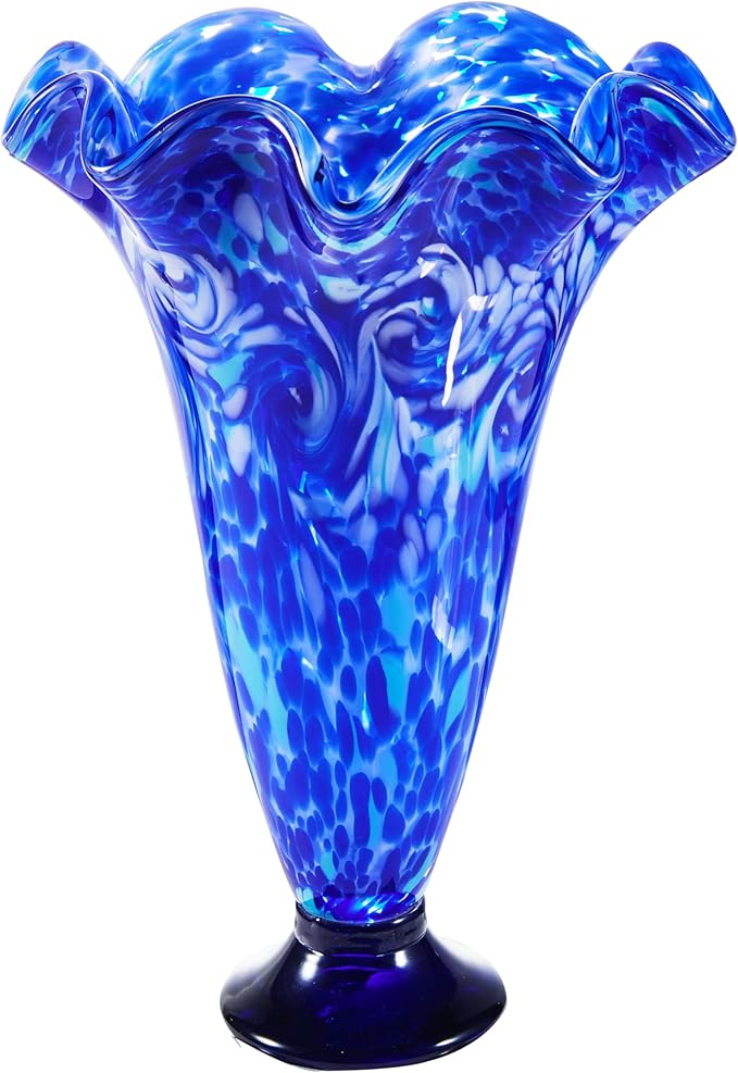 Luxury Lane Hand Blown Cobalt Blue Confetti Art Glass Flower Vase for Home Decor 12 inch Tall Centerpiece Table Decoration