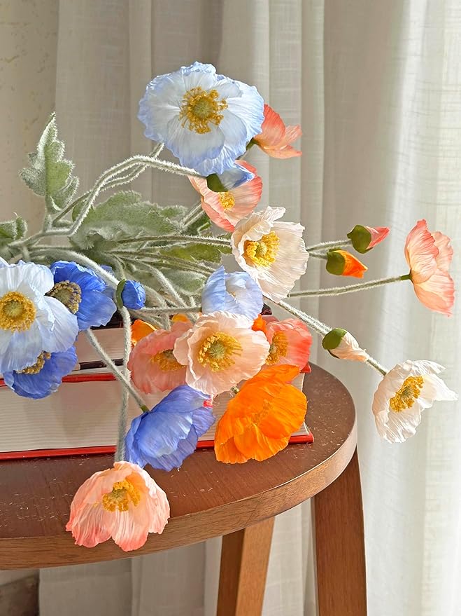 Set of 6 Poppies Flowers Artificial, Real Touch Silk Flowers with Long Stems for Vase, Realistic Faux Wildflowers Arrangement for Home Office Farmhouse Wedding Party Indoor Decor (Dark Blue)