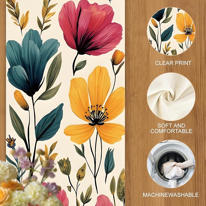 Watercolor Floral Table Runner – Elegant Red, Blue & Purple Blooms on Beige, 13x72 Inch Linen-Look Fabric for Dining Table, Kitchen, Spring & Summer Home Decor, Everyday Use