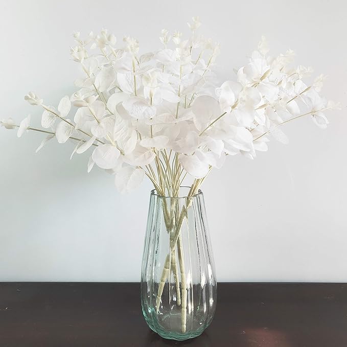 19" Faux Flowers Artificial Silk Silver Dollar Eucalyptus Stems Fake Plant for Vase Home Wedding Decor 3 Pcs (White)
