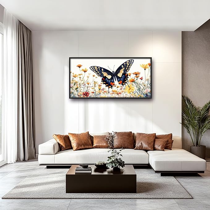 Framed Large Pictures Wall Art for Living Room, Butterfly Oversized Wall Decor Colorful Butterfly Floral Canvas Print Painting Modern Extra Large Framed Artwork for Bedroom Office 60"x30"