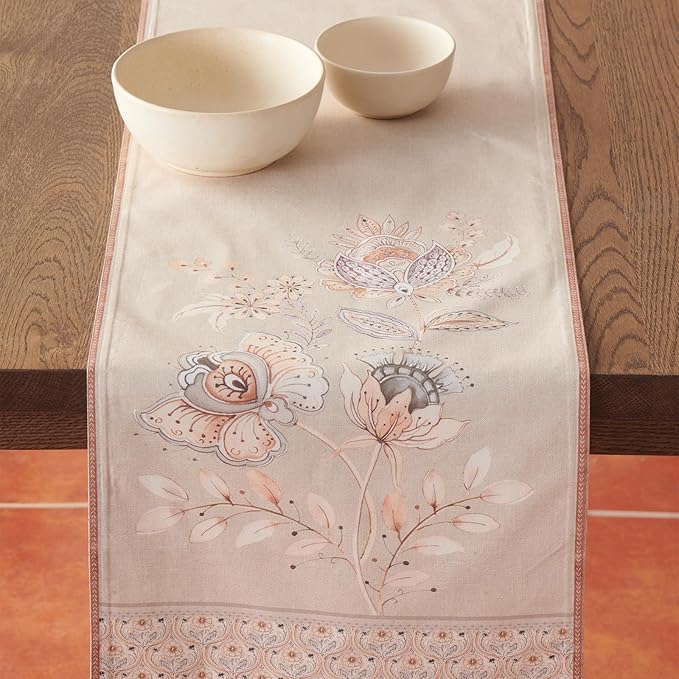 Maison d' Hermine Tablerunners 100% Combed Cotton Premium Decorative Tablerunner Table Cover, Dinner, Wedding & Dining, Society Florals, Double Layer - (14.50"x72")