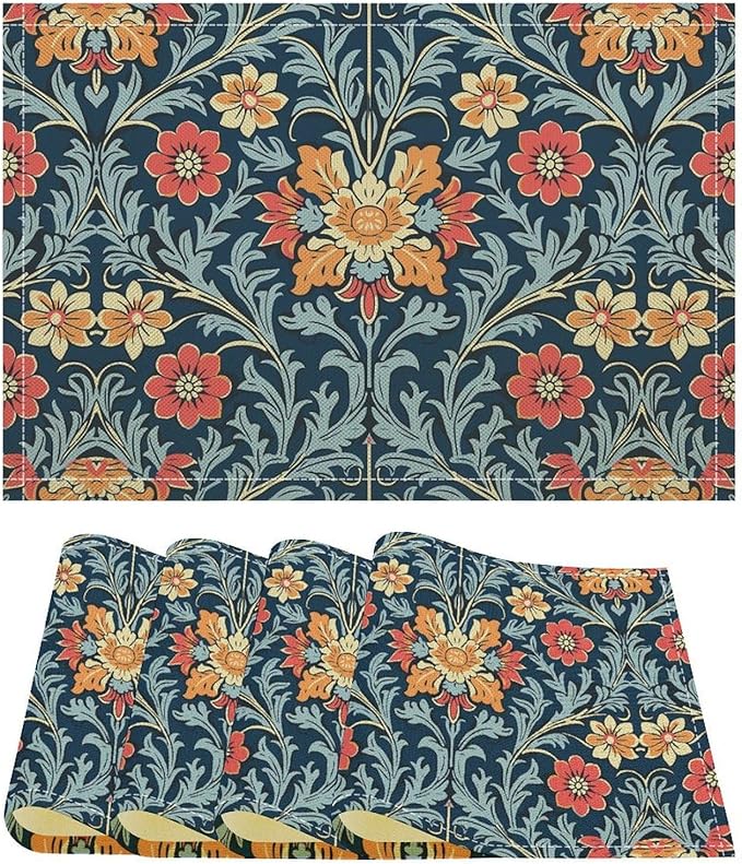 William Morris Vintage Floral Placemats Rural Farmhouse Floral Art Printed Dining Table Mats Set of 4 for Home Kitchen Holiday Picnic Party Decoration 12x18in