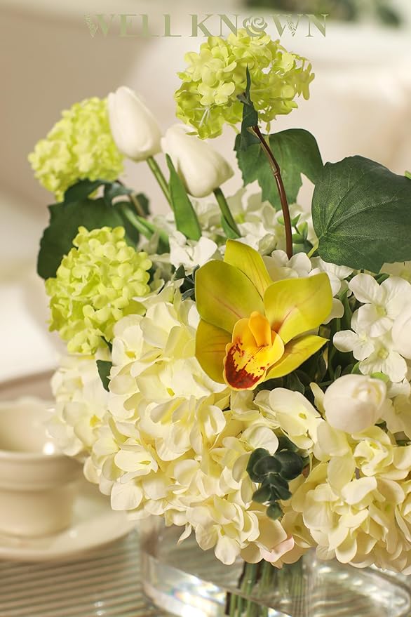 Fake Hydrangea Tulip Flowers in Vase, Artificial Flowers in Vase, Silk Hydrangea Tulip Flowers Dining Table Centerpiece Decorations for Living Room Birthday Wedding Party Decoration & Gift (Green)
