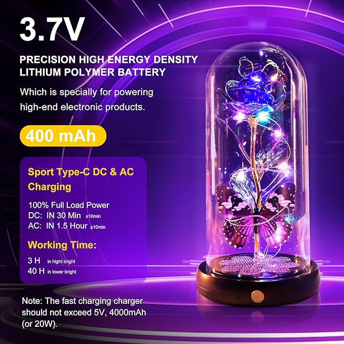 Christmas Rose Gifts for Women, Womens Gift for Christmas Rechargeable Galaxy Glass Rose Light Up Roses In Glass Dome Crystal Flower Butterfly Birthday Xmas Gifts for Women Wife Grandma Sister Purple