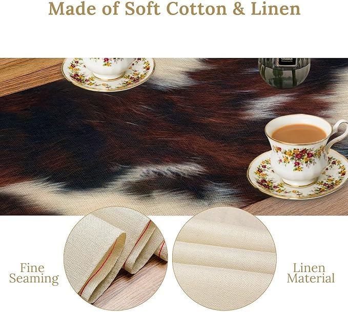 Cow Skin Print Table Runner, Vintage Cottage Country Animal Fur Skin Pattern Western Style Farmhouse Black Brown Cowhide Print Dinner Runner Home Kitchen Dining Table 13x36in