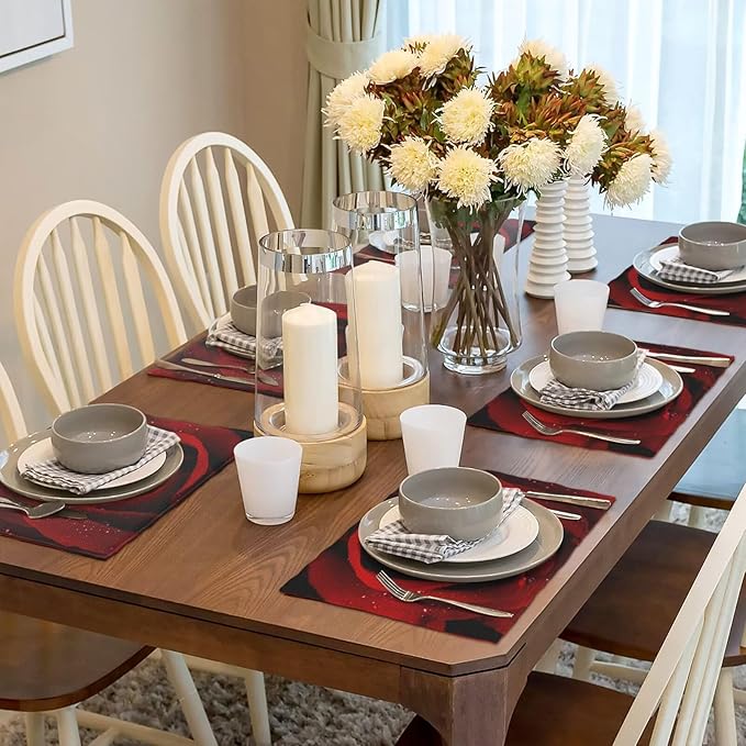 Red Rose Linen Table Placemats Set of 6 Romantic Floral Art Placemat Indoor Outdoor Party Home Desktop Kitchen Dining Room Decoration 12x18 Inch