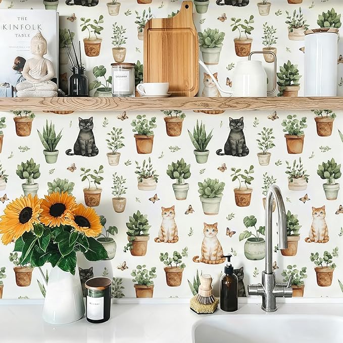 Peel and Stick Modern Cute Animal Wallpaper Removable Cat Potted Plants 17.7" x 118.11" Wall Paper Watercolor Self Adhesive Contact Paper for Classroom Bedroom Laundry Room Bathroom