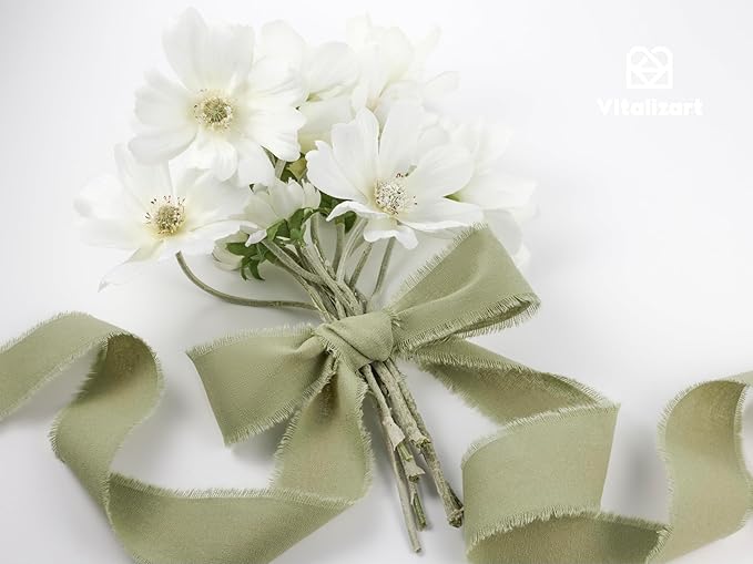 Vitalizart Sage Green Ribbon 1-1/2" x 15 Yd 100% Cotton Handmade Frayed Fringe Fabric Ribbons for Gift Wrapping Wedding Invites Bridal Shower Bouquets Christmas Decorations