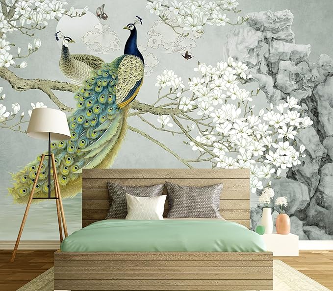 Eierme-Flower Pattern Peacock Illustration Wallpaper Mural Wallpaper Peel and Stick 90" x 67"
