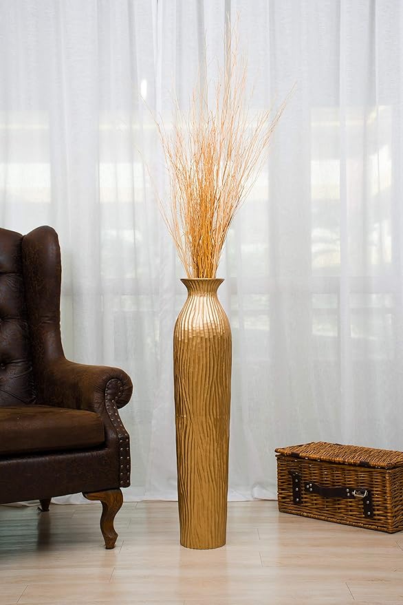 LEEWADEE Large Floor Vase – Handmade Flower Holder Made of Wood, Sophisticated Vessel for Decorative Branches and Dried Flowers, 36 inches, Golden