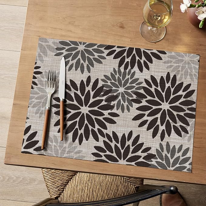 Artoid Mode Floral Vinyl Placemats Set of 6, Heat Resistant Washable Non-Slip Plistic PVC Place Mats for Party Kitchen Dining Decor, Black
