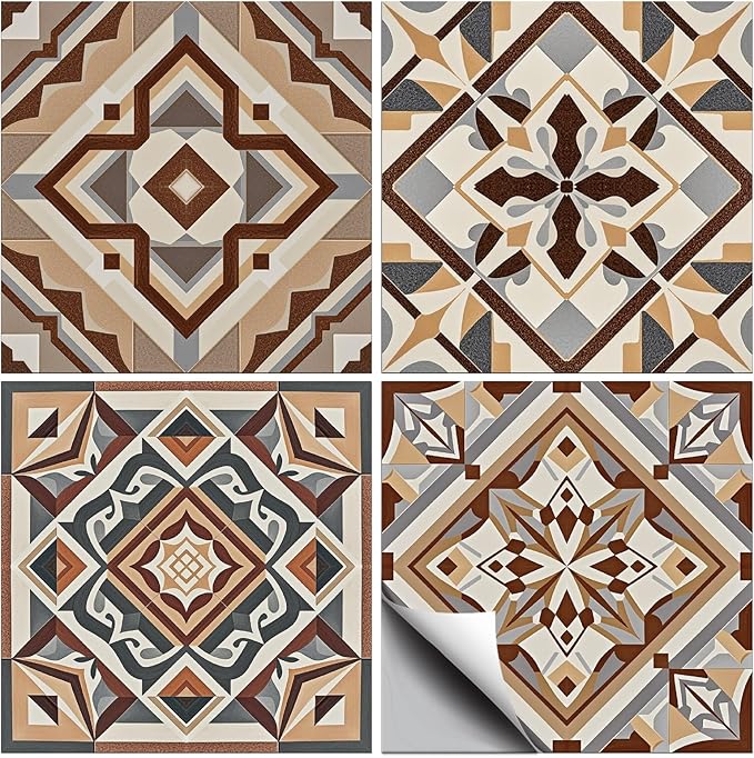 CHGCRAFT 36 Pcs 4 Style Wall Stickers Beige Geometric Peel and Stick Wall Tile Sticker Retro Texture Pattern Waterproof Self Adhesive Stick on Tile Decals for Kitchen Bathroom Art Decor, 4×4 Inch