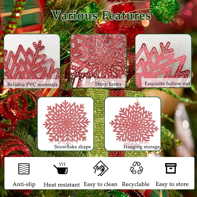 Snowflake Placemats Set of 6, Washable Christmas Placemats Snowflake Tablemats Hollow Out Round Vinyl Place Mats for Dining Table Setting Kitchen Table Mats Christmas Decoration(Red Snowflake)