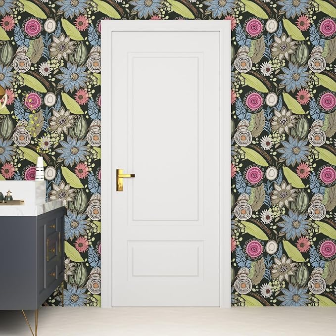 Boho Wallpaper Peel and Stick,Dark Green Vintage Floral Contact Paper, Retro Botanical Flowers Bohemia Wall Paper Self Adhesive Removable Waterproof for Bathroom Shelves Cabinet Table 17.5" x 118"