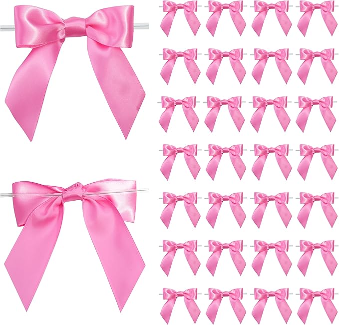 Pink Satin Ribbon Twist Tie Bows 5 Inch Pre-Tied Hot Pink Gift Bows for Crafts, Treat Bags, Party Favors, Wedding, Baby Shower, Candy Apple, Christmas Tree (36 Pack)