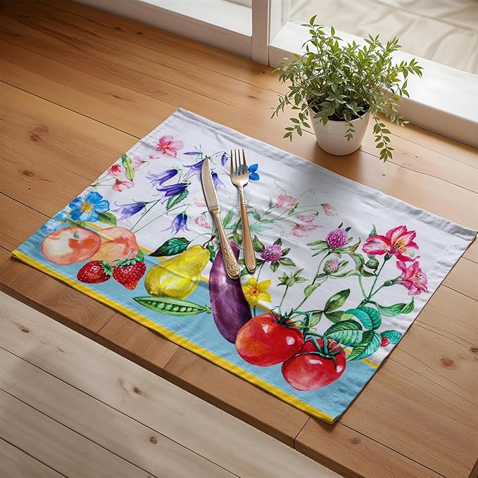 Maison d' Hermine Placemats Set of 4 100% Cotton Washable Cloth Place Mats, Reusable Table Mats for Kitchen Dining Decoration, Party, Restaurant Spring/Summer (Happy Florals - High Summer, 13" x 19")